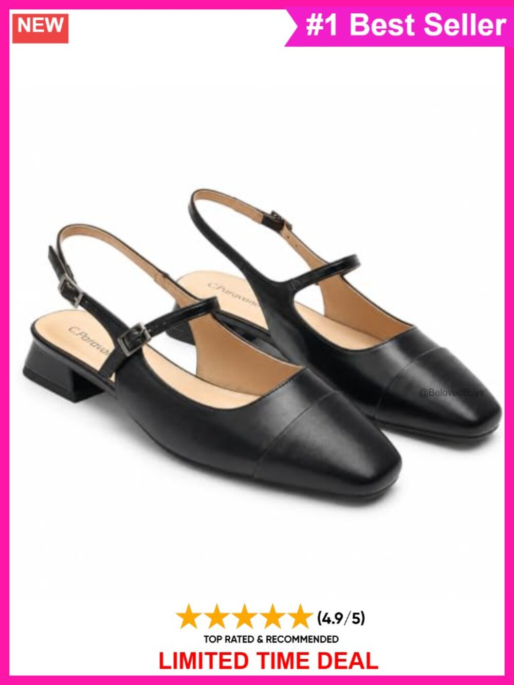 Slingback Sandals Low Block Heel Square Toe Adjustable Ankle Strap